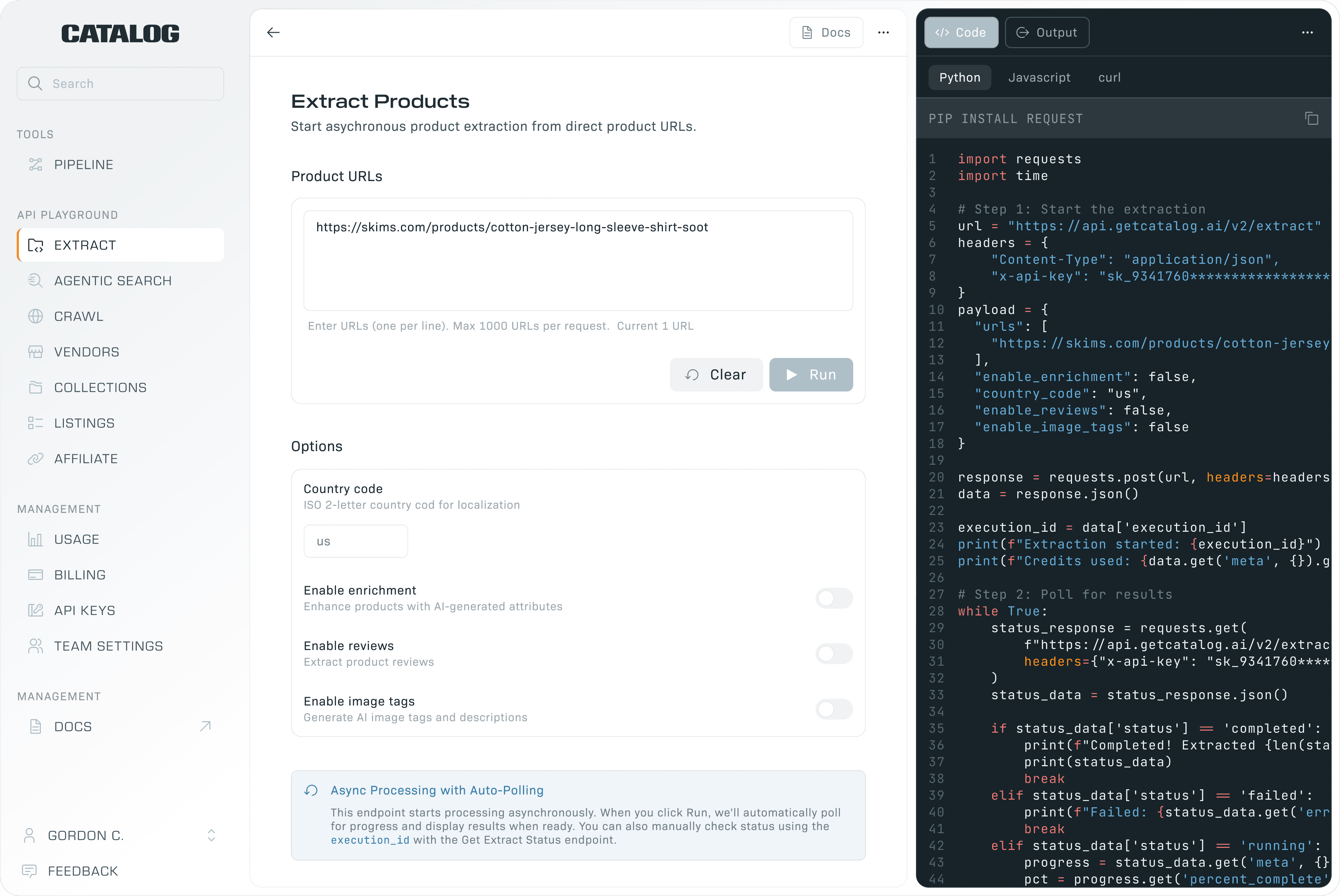 Catalog API playground: configure a product Extract request and view the generated Python, Javascript, or curl code side-by-side.